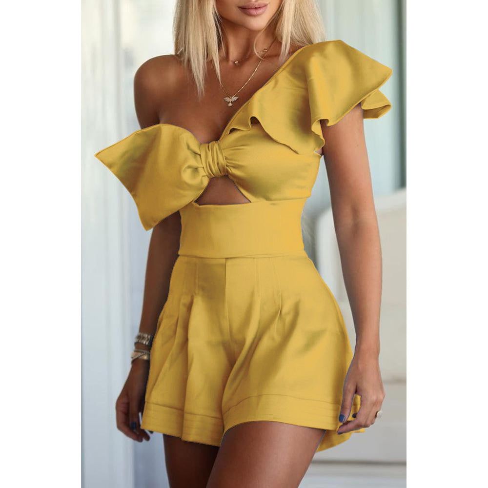 One-shoulder Bow Ruffled One-piece Shorts