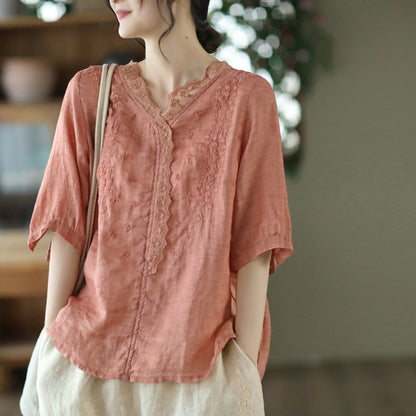 Fine Ramie Embroidered Women's V-Neck Lace Pullover Shirt