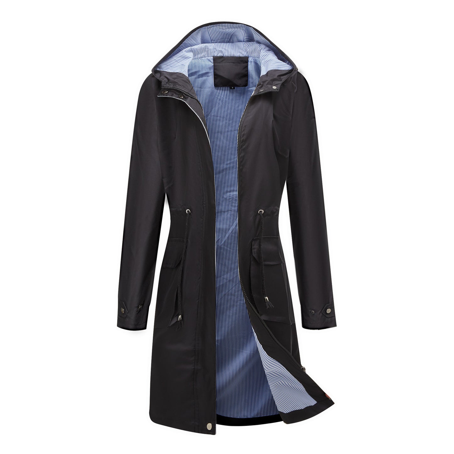 Long Casual Windbreaker Women's Waterproof Hooded Solid Color Top Striped Lining Straight Coat