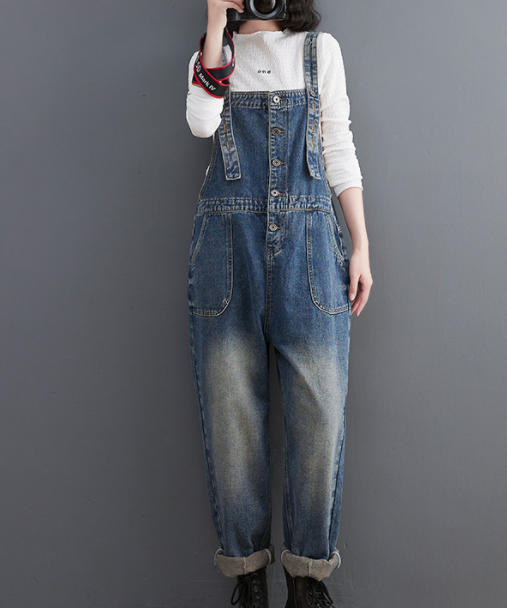 Literature And Art Solid Color Retro Large Women's Loose Denim Suspenders