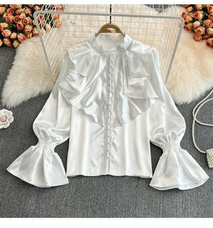 Bell Sleeve Stand Collar Acetate Satin Shirt French Style Design Loose Top For Women