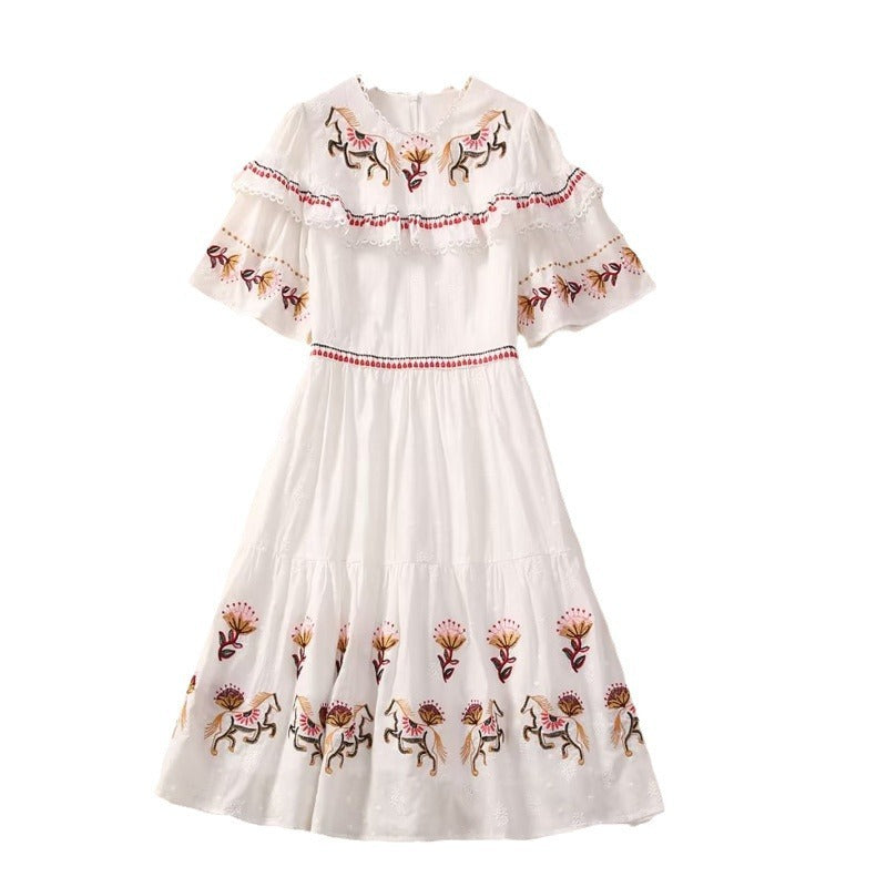 Machine Embroidery Ruffled Stitching Flared Short Sleeve White Short Dress