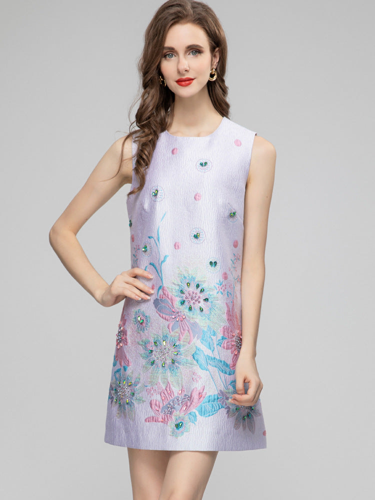 Printed Sleeveless Short Jacquard Dress Women