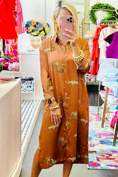 Mustard Cheetah Print Button-Up Split Shirt Dress