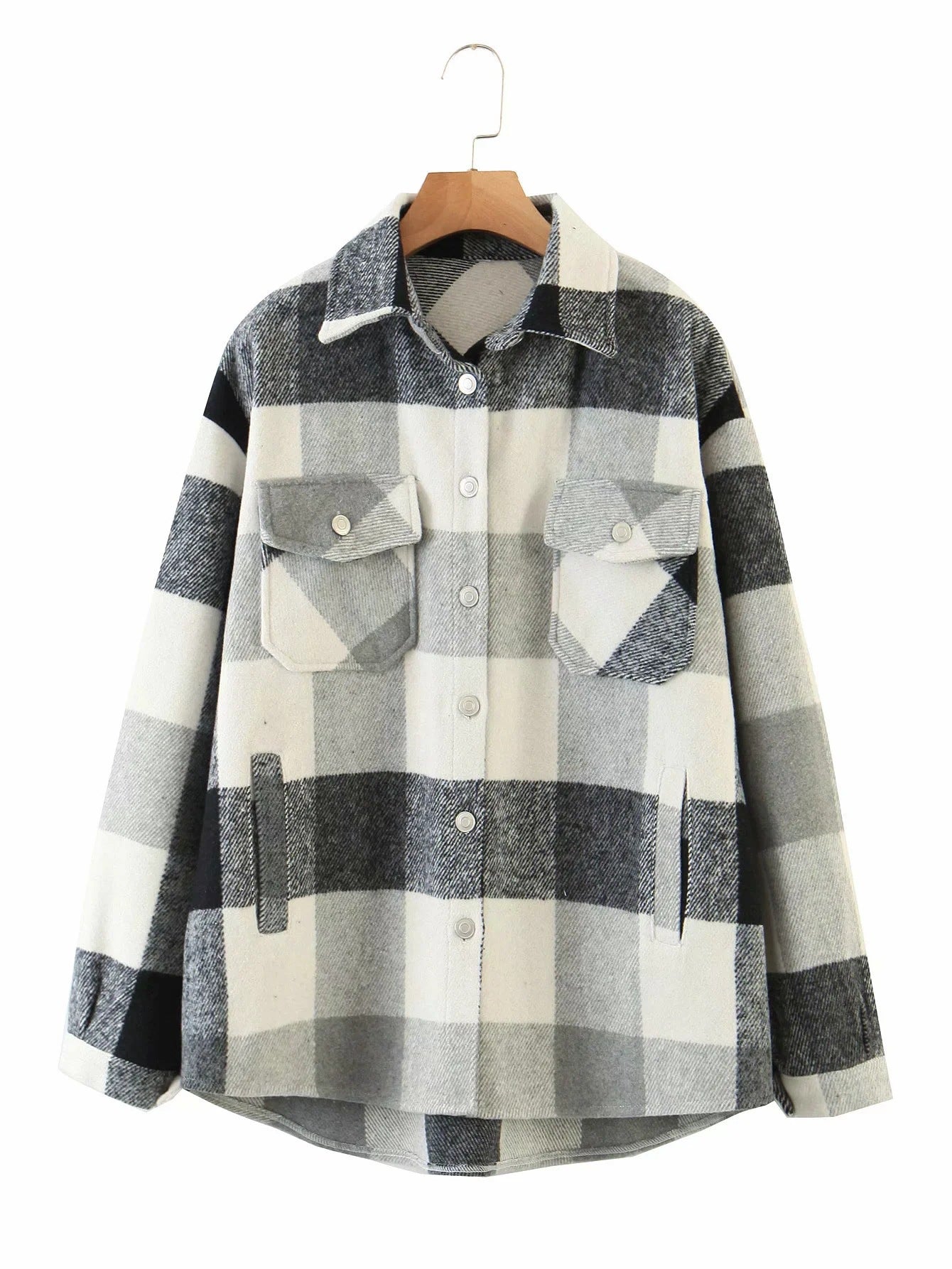 Casual Plaid Shirt Women Tweed Coat Buttons Pockets Female Jacket