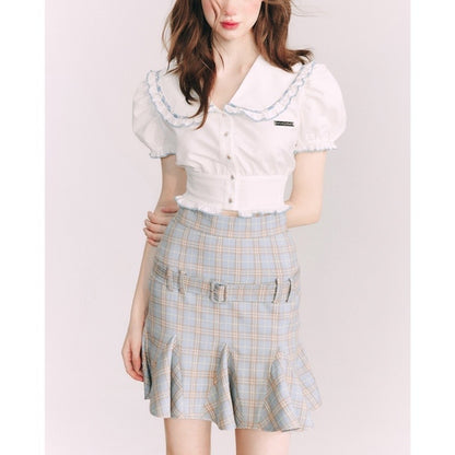 Small Shirt Puff Sleeve Navy Style French Style Peter Pan Collar Short Sleeve