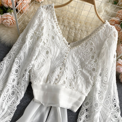 Jacket Female Hollow Lace Puff Sleeve Tie Waist Short Beaded Shirt