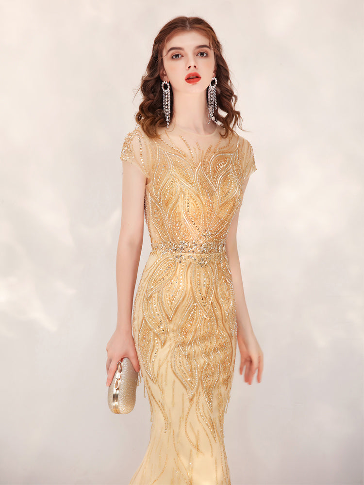 Fishtail Evening Dress Gold & Small Trailing Temperament Host Evening Dress