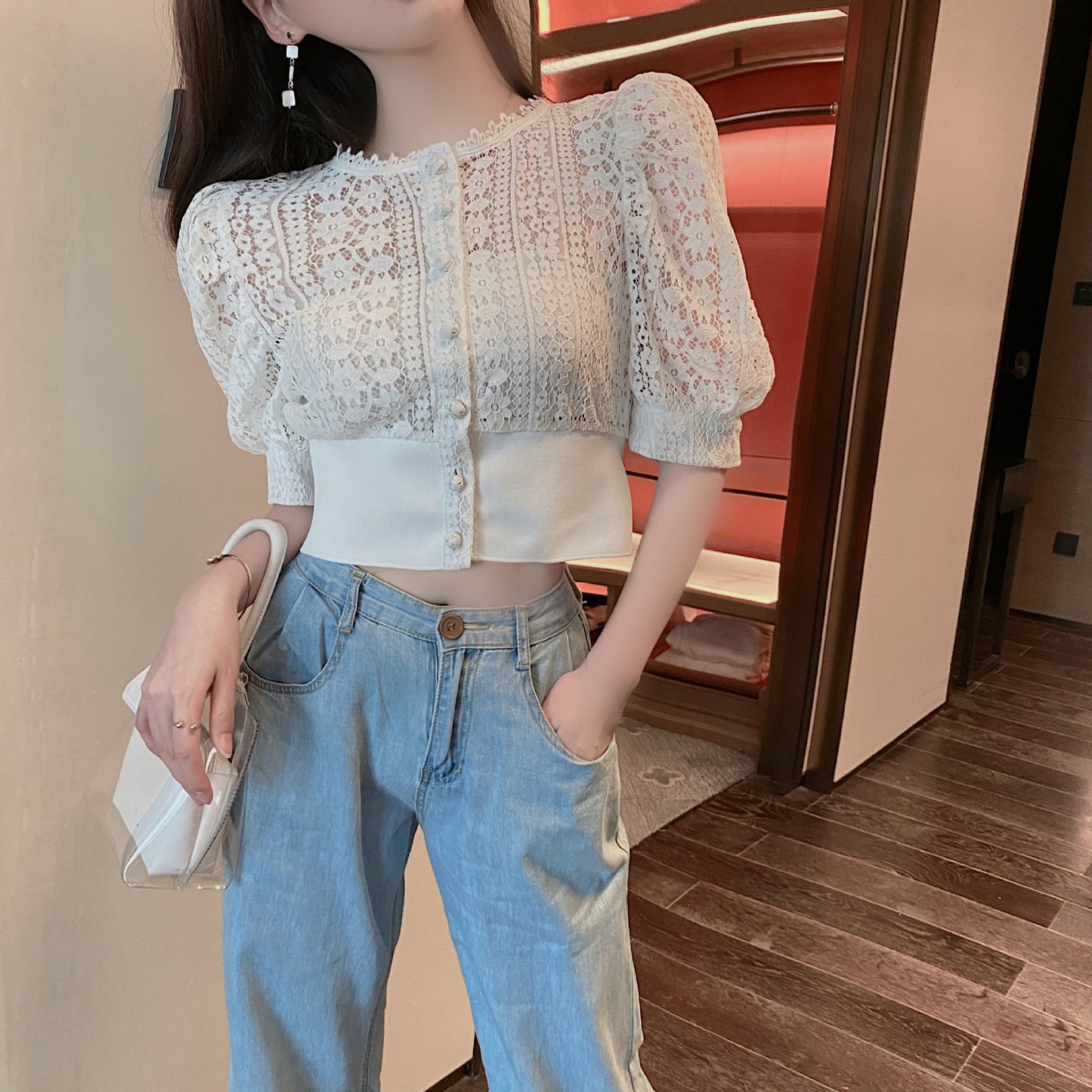 Lace Stitching Hollow Short Sleeve Cardigan Top Women's Outer Wear