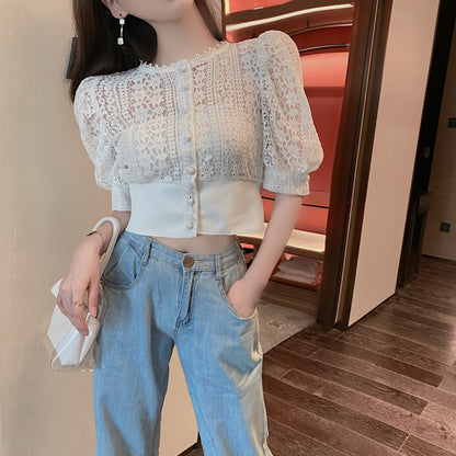 Lace Stitching Hollow Short Sleeve Cardigan Top Women's Outer Wear