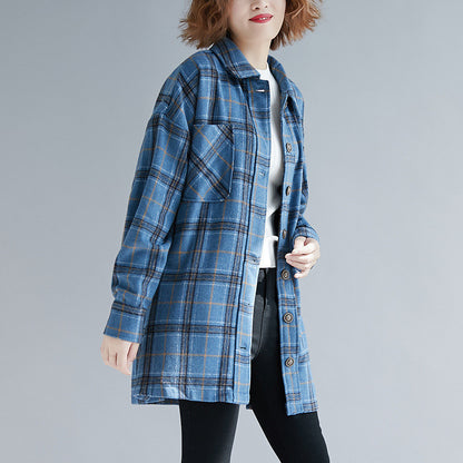 Literary Loose Large Size Women's Wild Plaid Padded Shirt