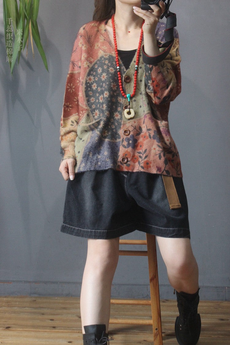 Vintage V Neck Print Knit Cardigan