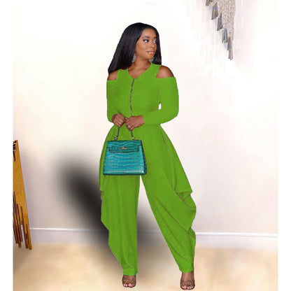 Ladies Solid Color Off Shoulder Long Sleeve Fashion Loose Jumpsuit