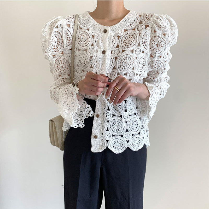 Pull décontracté à manches bouffantes au crochet pour femme