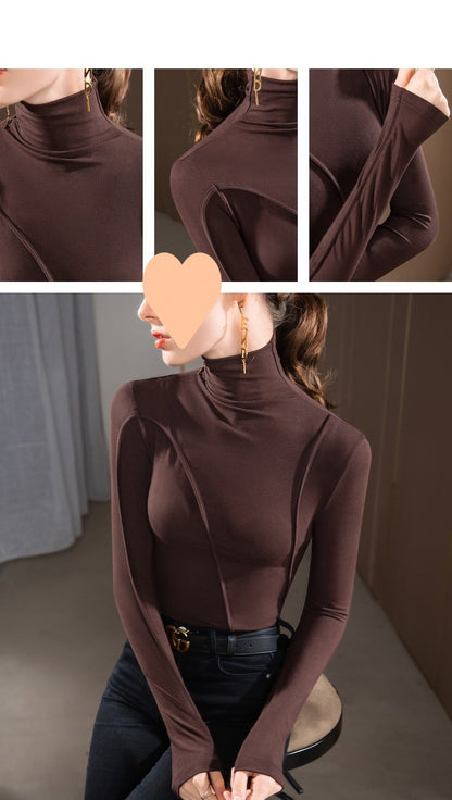 Camisa de cuello alto de diseño para mujer, corte ajustado, estilo occidental Irregular, ropa interior con costuras, manga larga