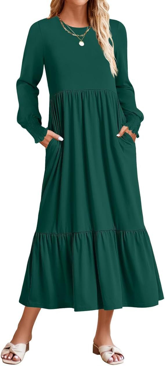 Robe mi-longue smockée à manches longues et col rond pour femme