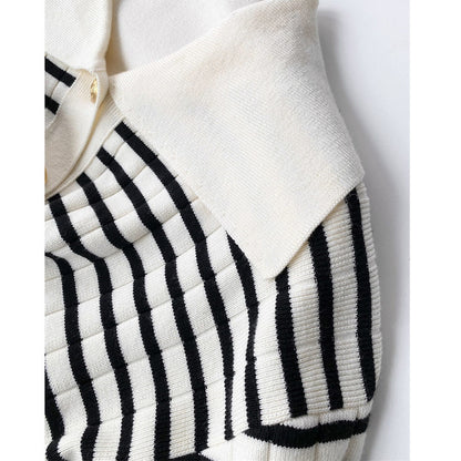 Polo Collar Stripes Cardigan Polo Collar Long Sleeve Knitted Coat