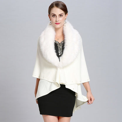 Women's Fashion Fur Collar Beaded Double Layer Inverness