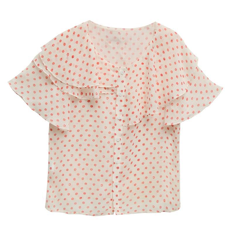 Niche Summer Retro Ruffled Short Sleeved Chiffon Shirt Polka Dot Top