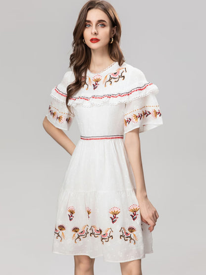 Machine Embroidery Ruffled Stitching Flared Short Sleeve White Short Dress