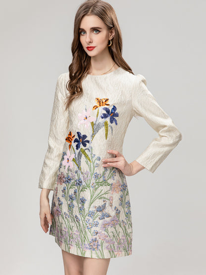 Heavy Embroidery Sequins Fashion Narcissus Jacquard Printed Long Sleeve Short Dress