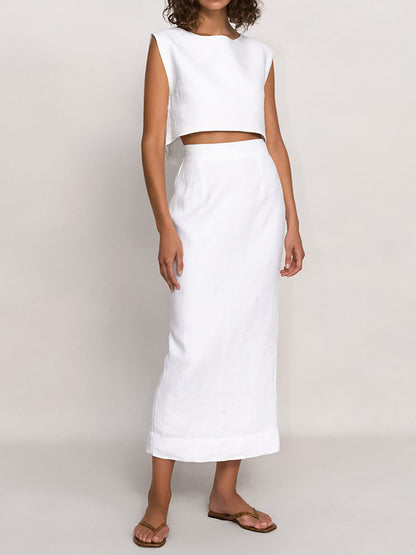 Cotton Sleeveless Top Straight Skirt White Suit