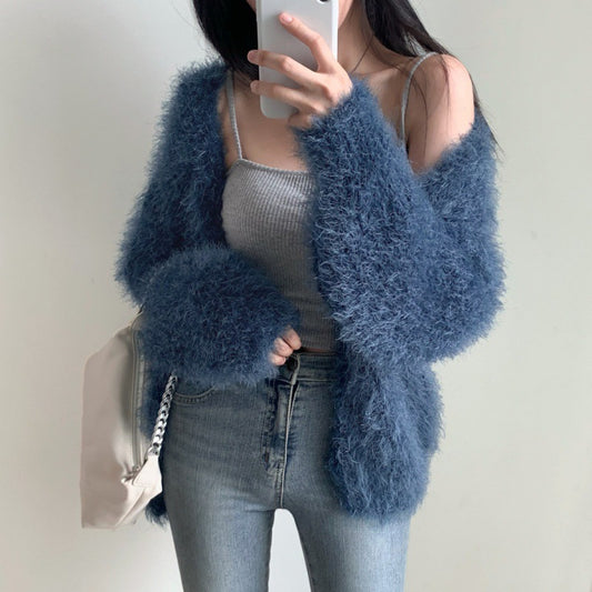 Lazy V-neck Cropped Sweater Coat Women