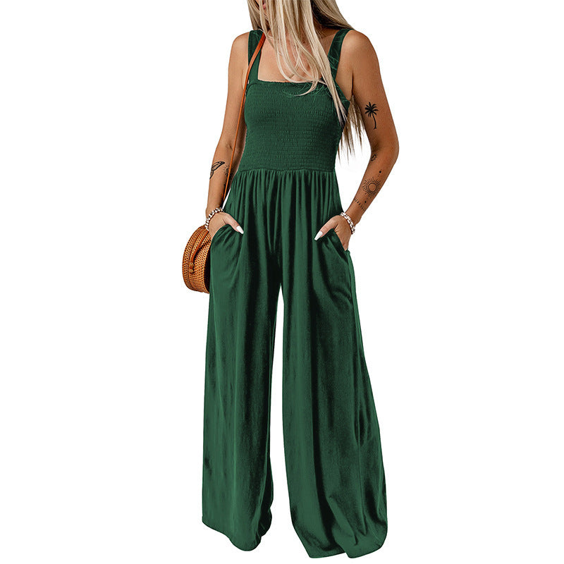 Shiying Black Square Collar Smocking Pleated Jumpsuit Women's Wide Leg Pants