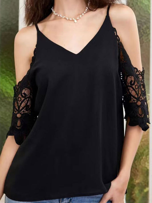 Cold-Shoulder V-Neck Spliced Lace Blouse