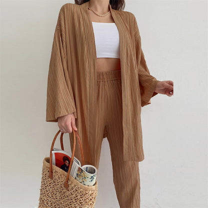 Early Autumn New Camel Casual Suit European And American Women's Long Sleeve Cardigan Top Straight-leg Pants Home Wear Two-piece Suit