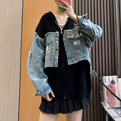 Denim Stitching Sweater Coat Women's Design Sense