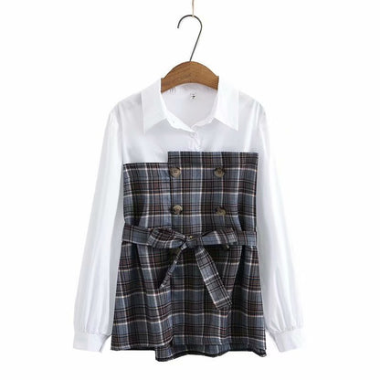 Retro Fake Two Piece Stitching Plaid Long-sleeved Shirt