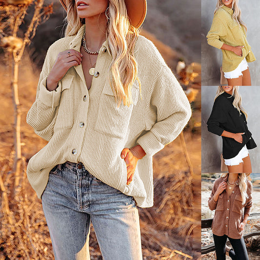 Solid Color Loose Corduroy Pocket Long Sleeve Cardigan Jacket