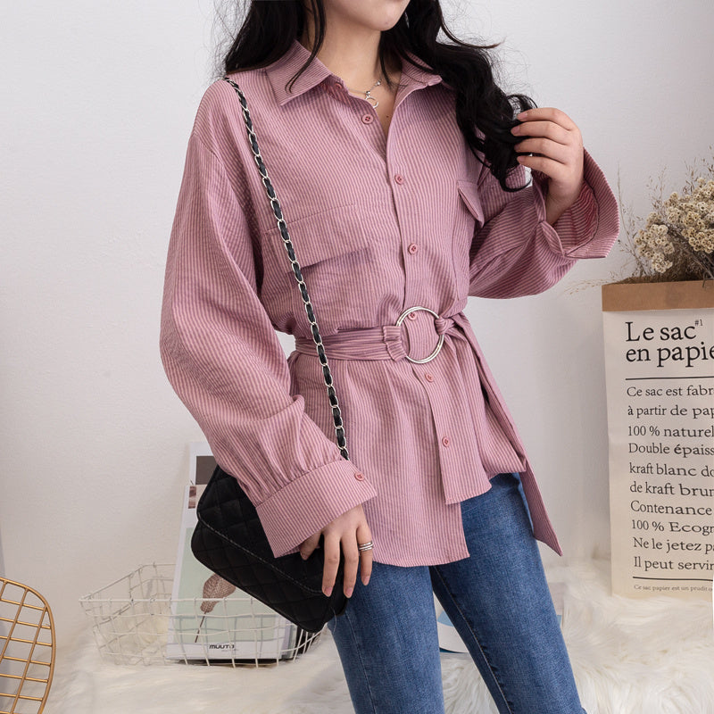 Retro Hong Kong Flavor Loose Waist Striped 200 Kg Fat Sister Slim Shirt Blouse