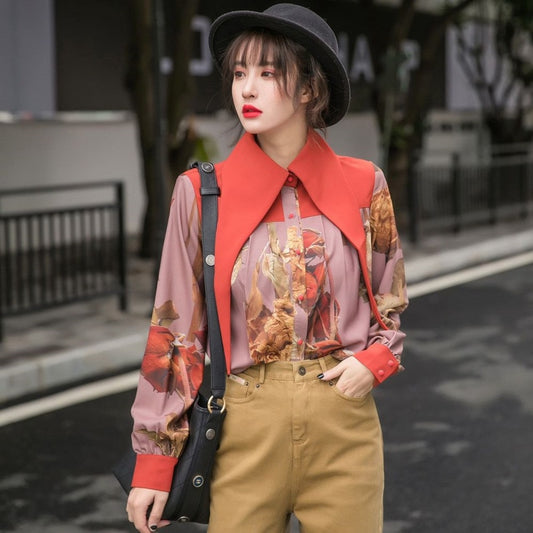 Dry flower print stitching goth collar shirt