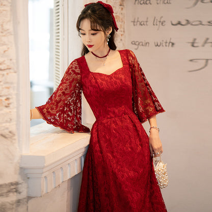 Women's Fashion Wine Red Lace Dress