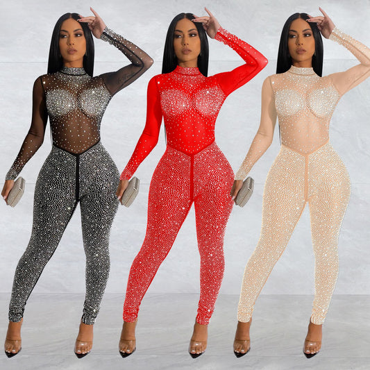 Fashion Women's Pure Color Mesh Hot Drilling Long Sleeve Jumpsuit