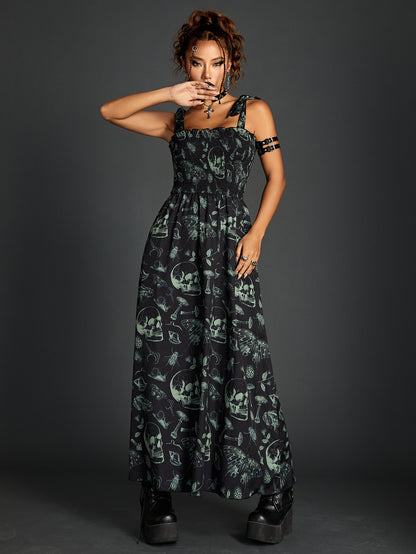 Dark Printing Smocking Lace-up Tube Top Dress