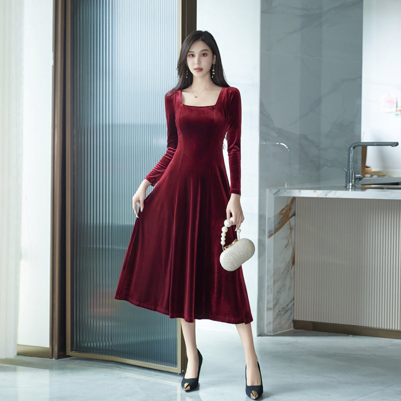 Women's Elegant Temperament Square Collar High-end Velvet Slim Fit Long Sleeve Dress