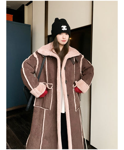 Retro Coffee Color Loose Lapels Single-breasted Stitching Fur Integrated Large Coat