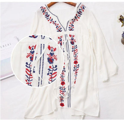 White Embroidered Long Sleeve Beachwear Cover Up Boho Dress