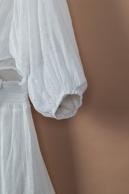 Mini vestido nudo de lazo cuello cuadrado con volantes cintura alta blanco