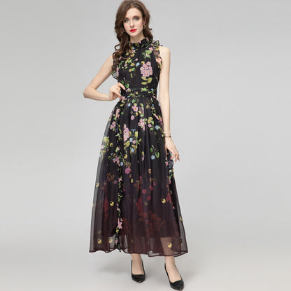 Printed Ruffled Stitching Sleeveless Pleated Chiffon Long Dress