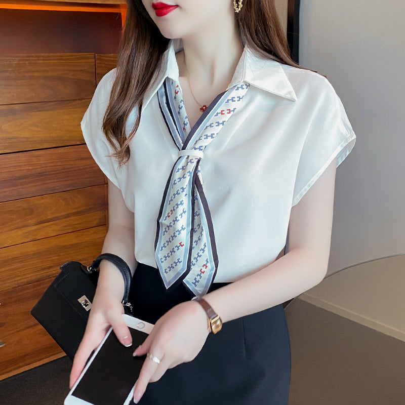 Women's New V-neck Thin Chiffon Short Sleeve Tie Shirt