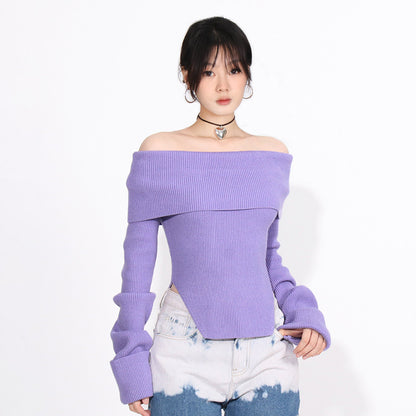 Elegant Idle Style Off-shoulder Top Irregular Hem Slim Slimming Solid Color