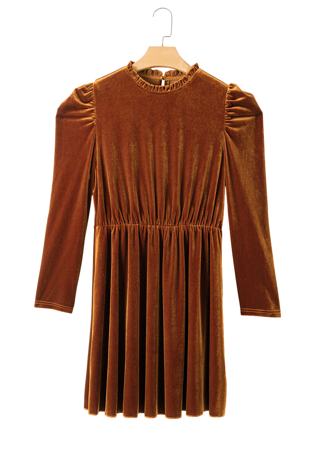 Chestnut Velvet Frilled Neck Gigot Sleeve Swing Dress