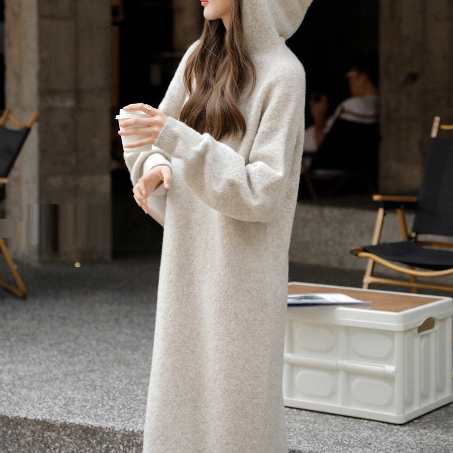 Wool Blended V-neck Hooded Dress Loose Knit