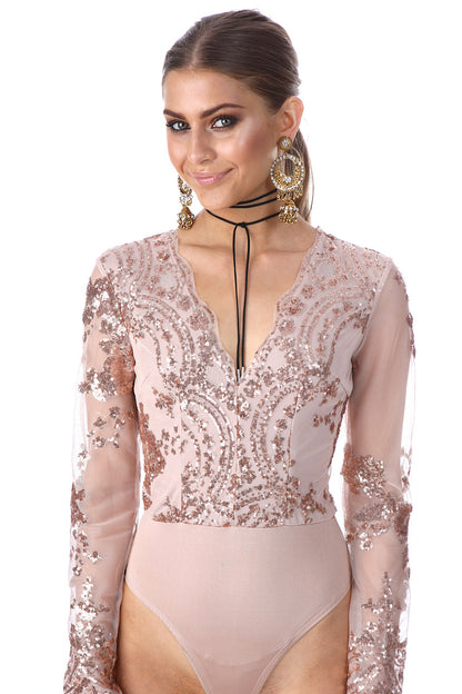 Mesh symmetrical flower-shaped sequins sequins long-sleeved V-neck jumpsuit