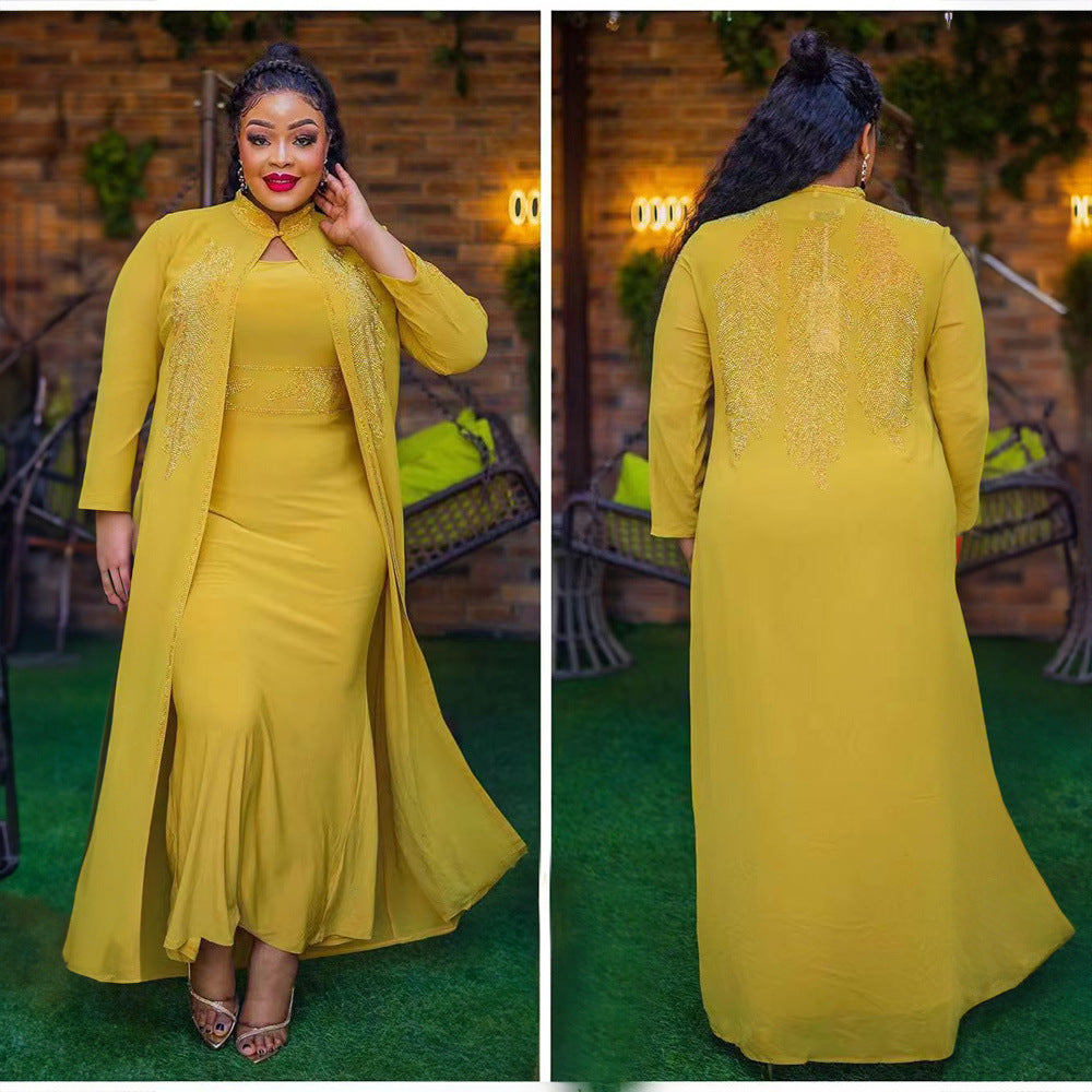 African Elegant Dress 2-piece Set Front And Rear Rhinestone Stand Collar Long Sleeve Dress