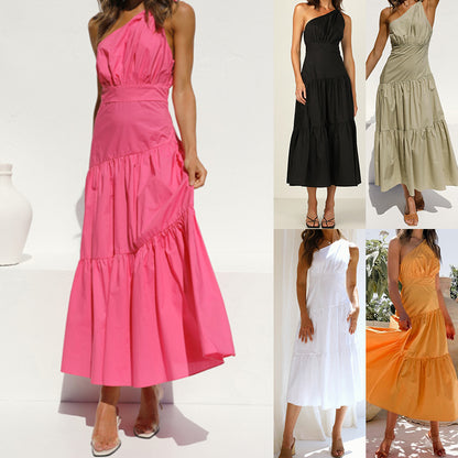 Fashion Off-the-shoulder Swing High Waist Pure Color Irregular Dress